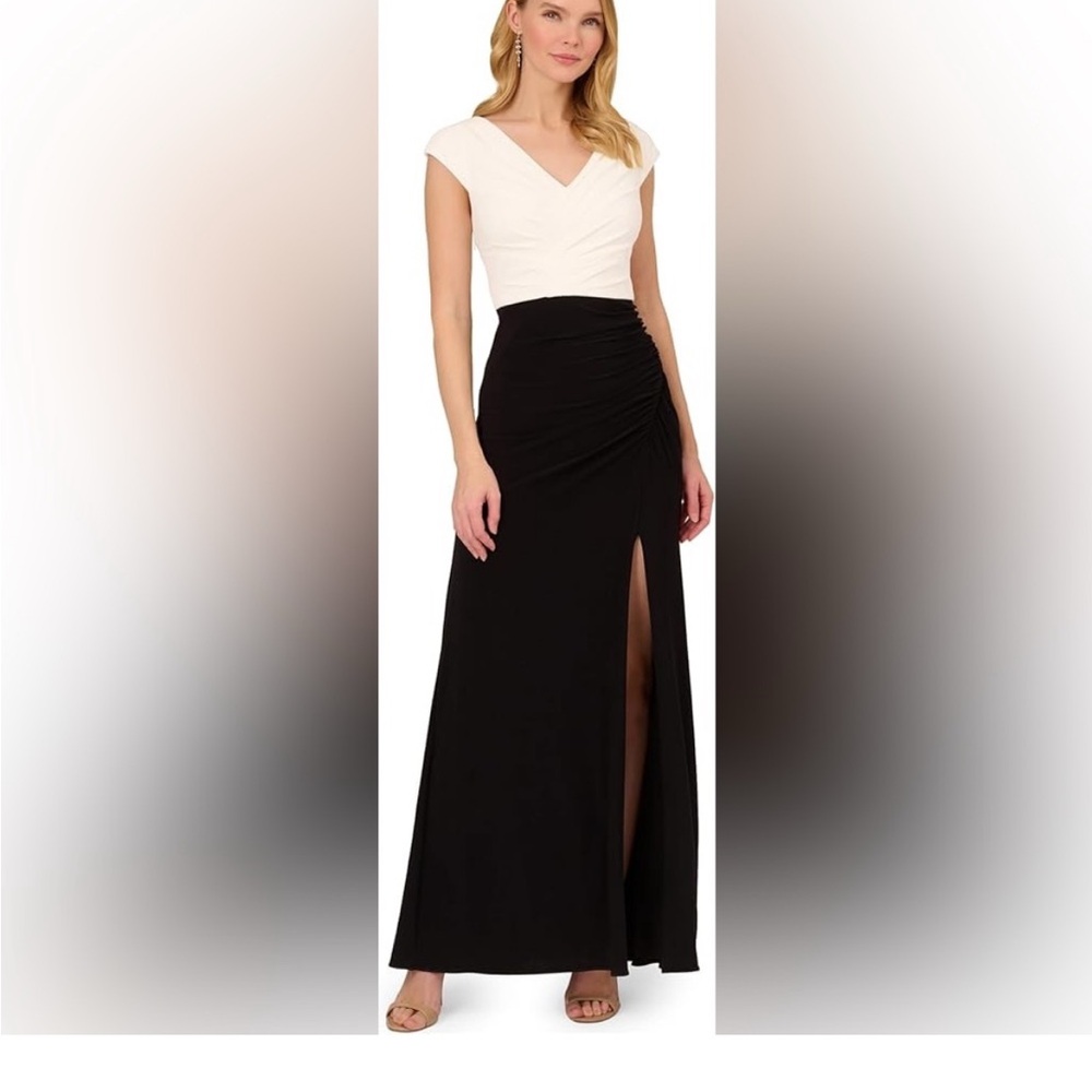 Adrianna Papell Black White Colorblock Jersey Gown SZ 16 NWT Formal Slit Dress